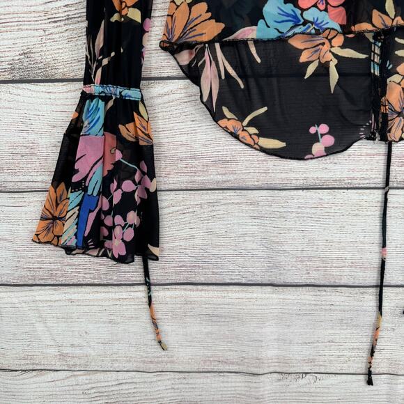 Free People Floral Semi Sheer Scoop Neck Blouse Womens Small Black Blue Pink - Picture 7 of 13